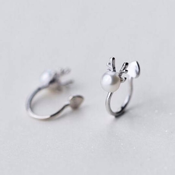Sterling Silver Beautiful Cute Holiday Christmas Reindeer Deer Pearl Ear Cuffs - Picture 4 of 4